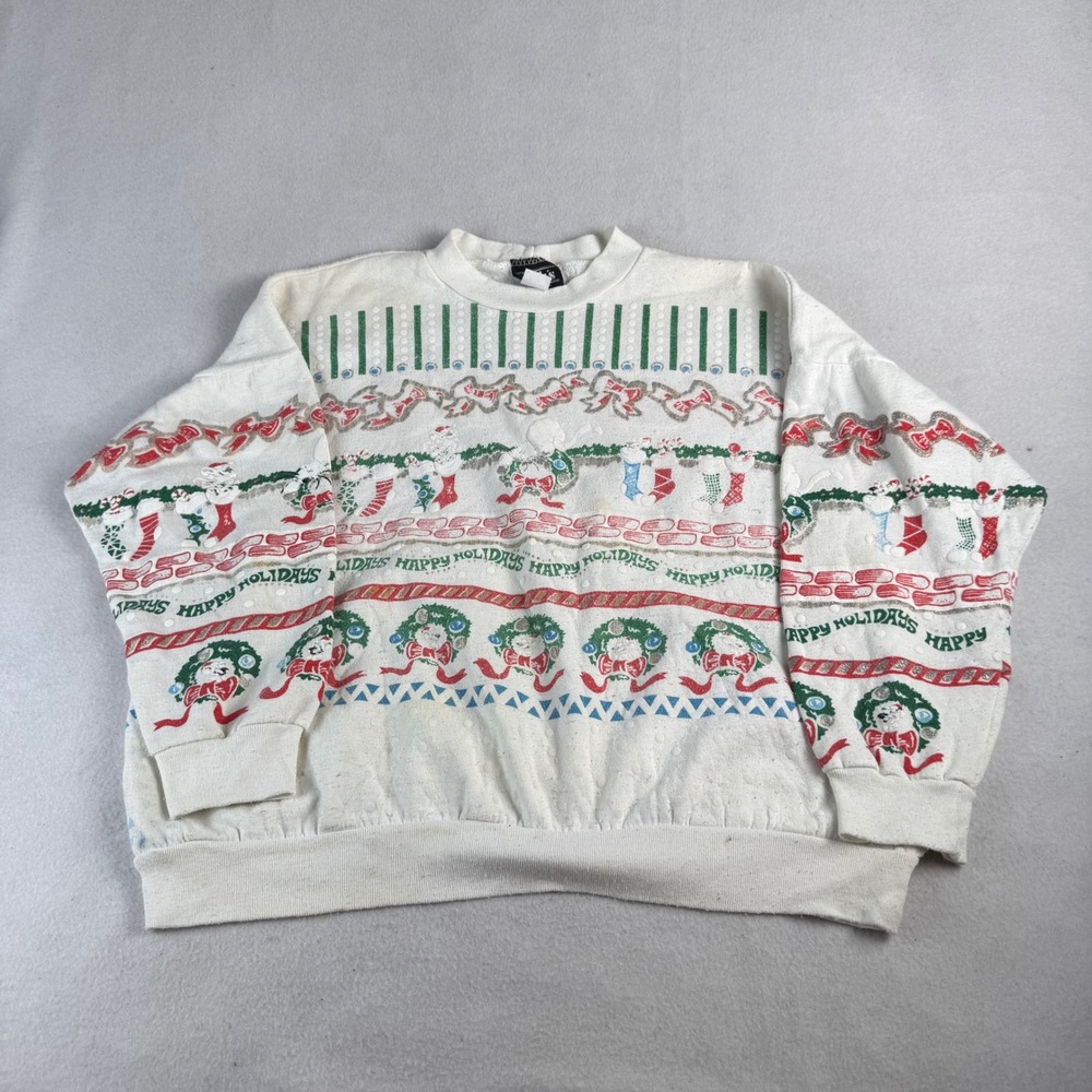 Vintage Kicks Christmas Sweatshirt White Puff Print Glitter Happy Holidays L/XL